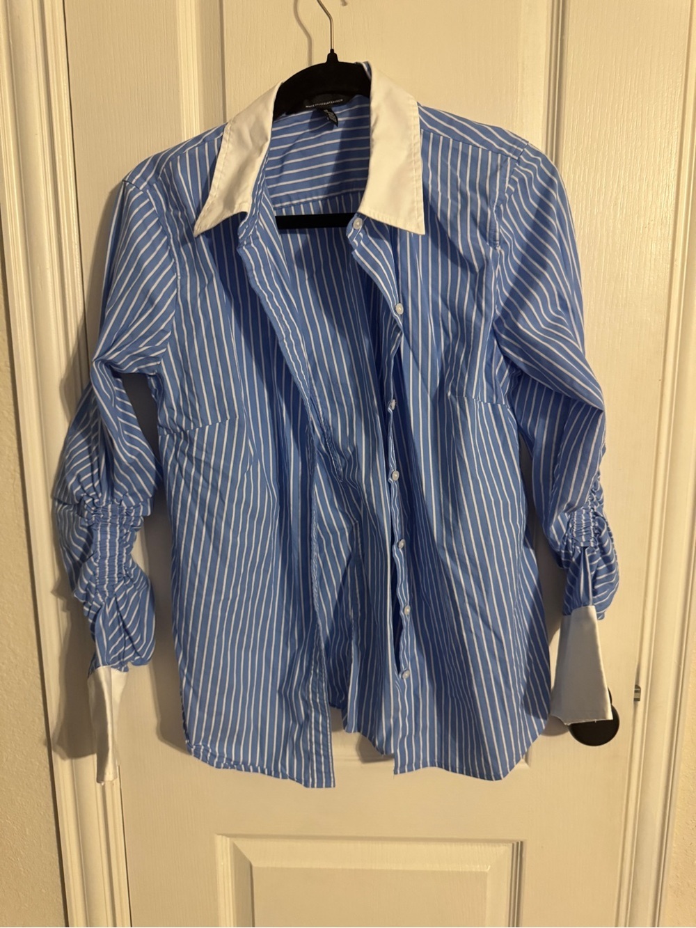 White House Black Market Blue and White Striped Dress Shirt with White Collar